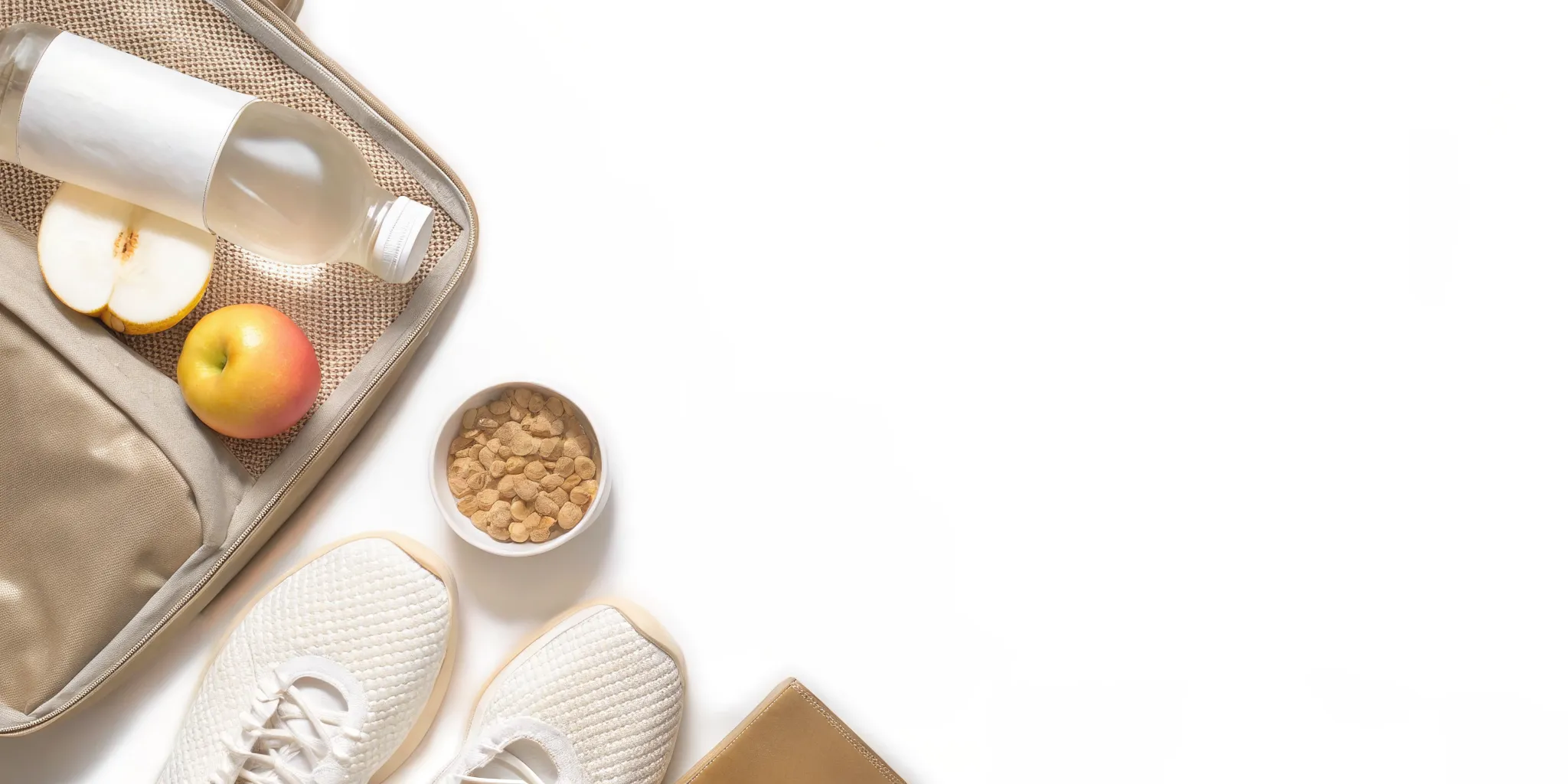 Travel gut health kit with water bottle, familiar snacks, walking shoes, and sleep mask