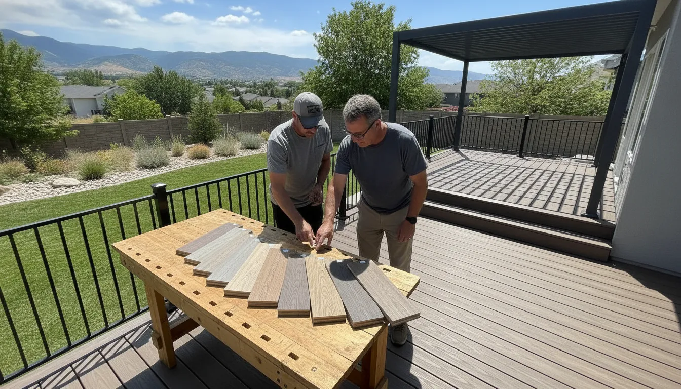 Best composite decking brands: Utah homeowners comparing samples on a backyard deck