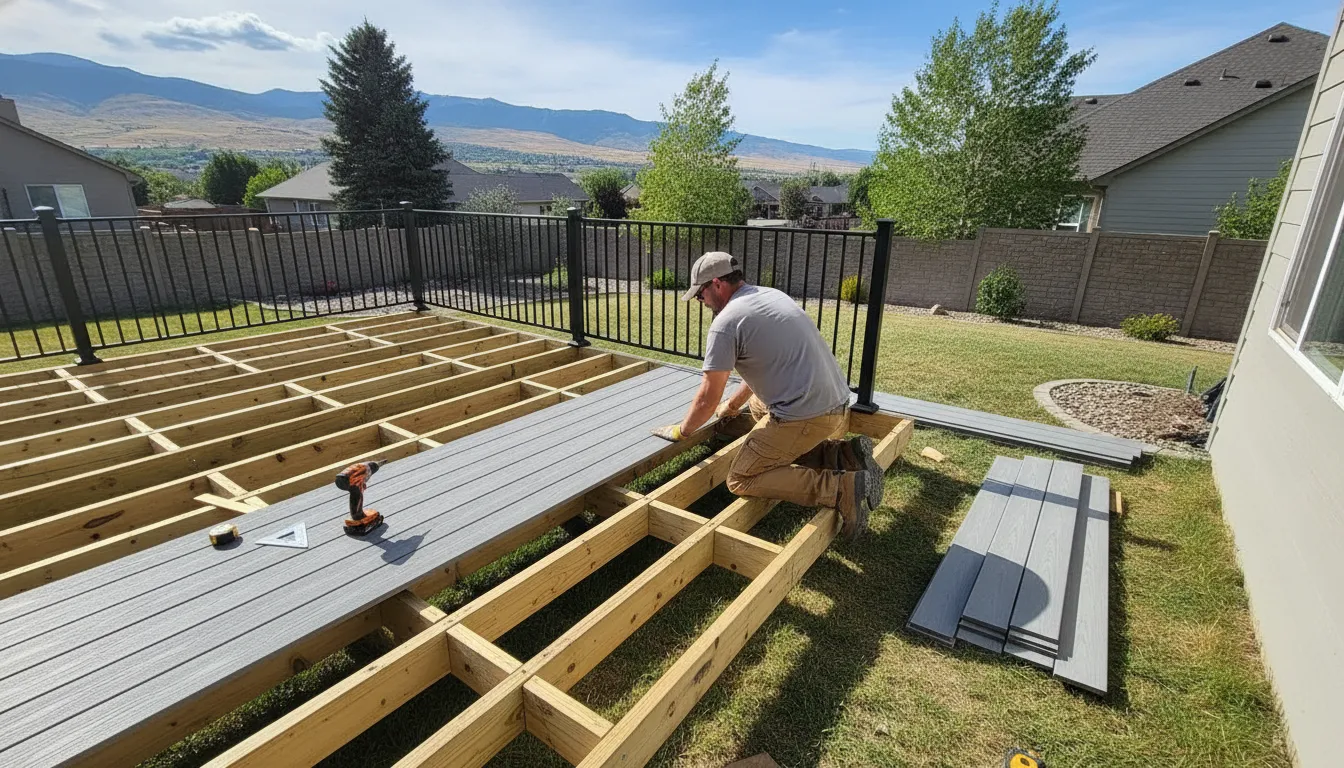 Installer fitting composite deck boards during a Utah deck project