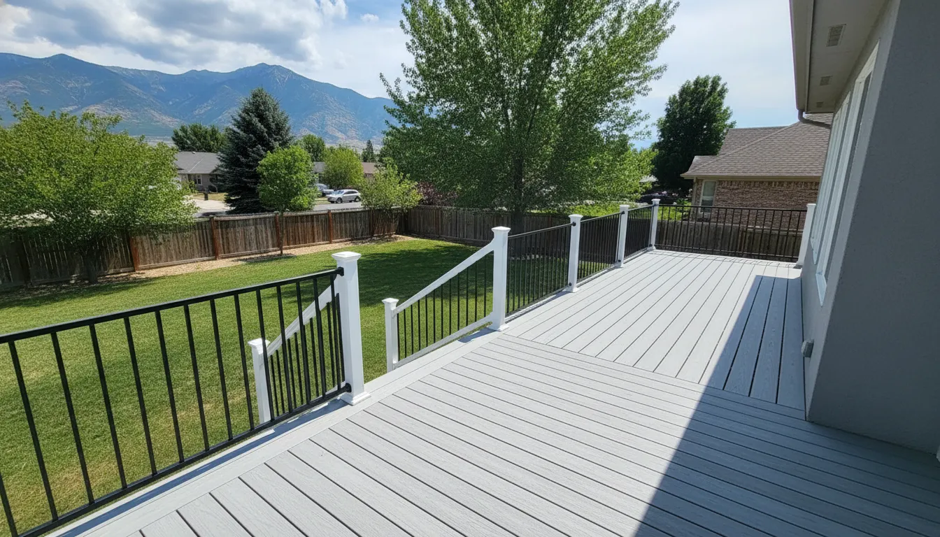 Completed composite deck with stairs and railing in a Utah backyard