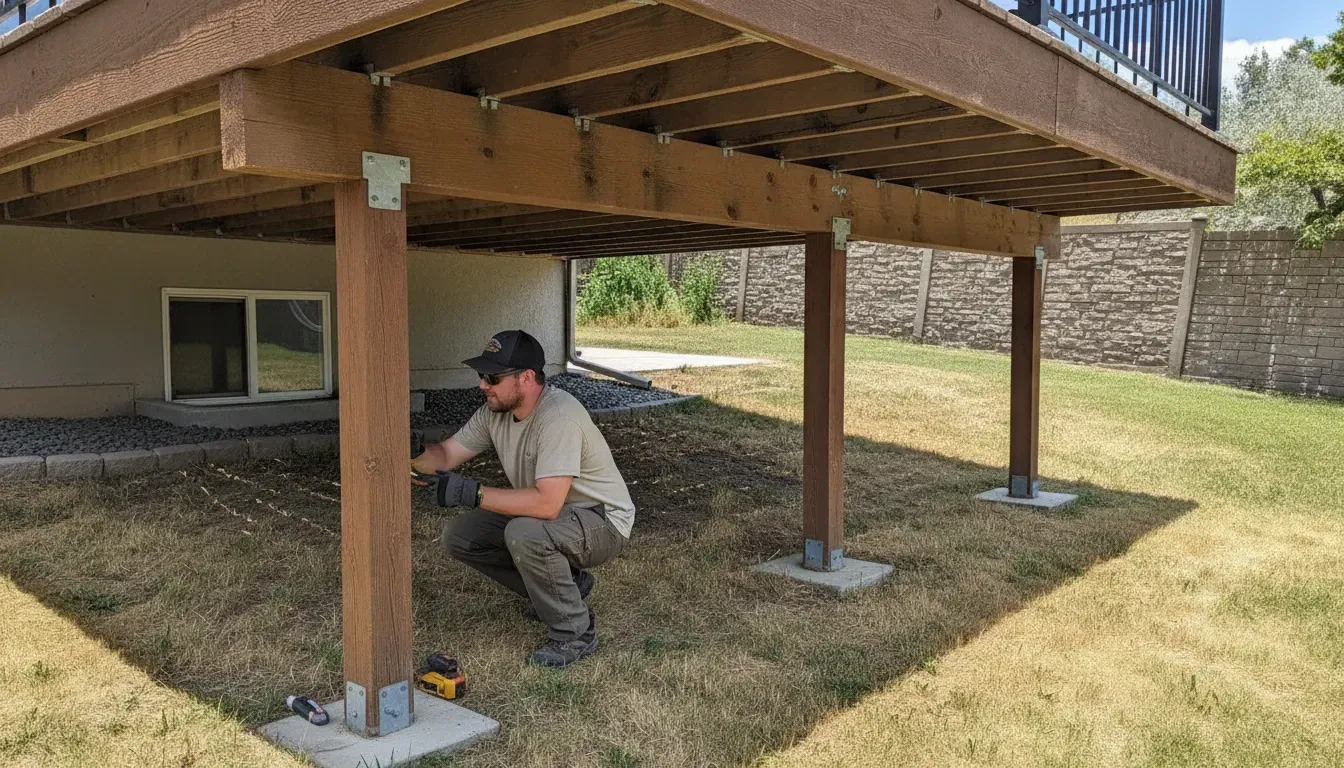 Contractor inspecting deck posts, beams, joists, and footings before deck removal Utah work