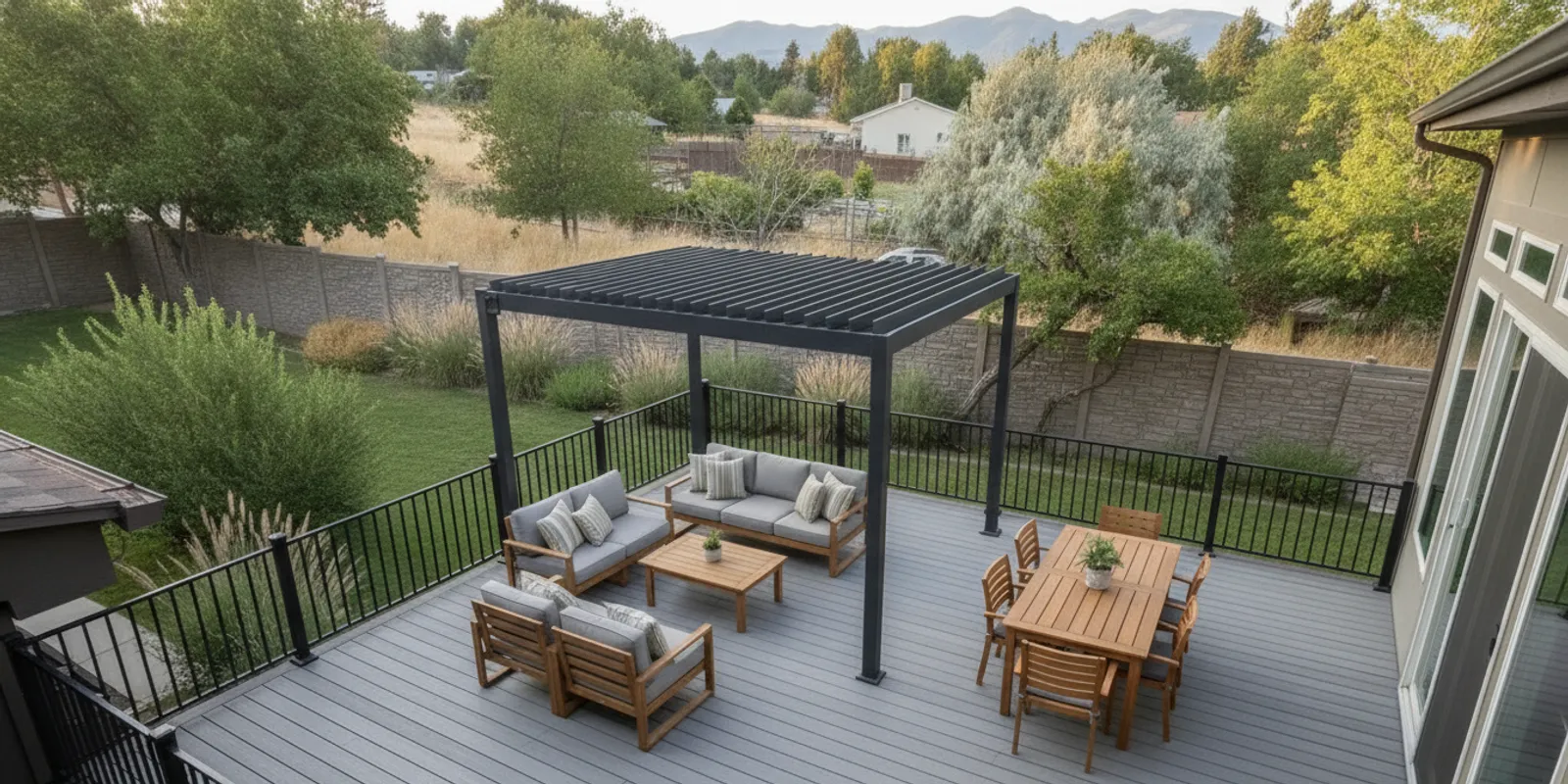 A Utah backyard outdoor room with a deck, pergola, dining area, and mountain views