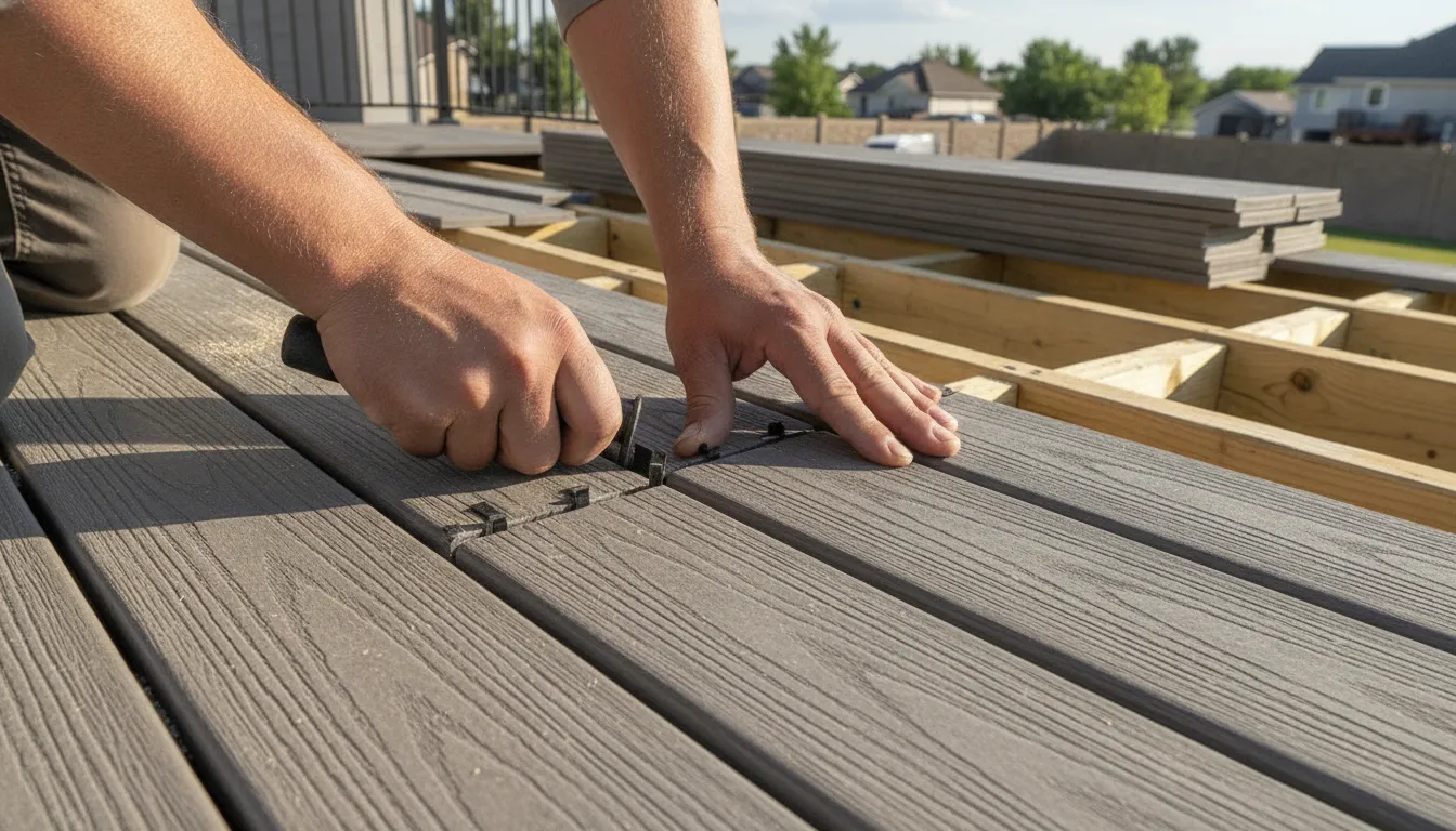 Trex decking installation Utah installer fitting hidden fasteners between composite deck boards