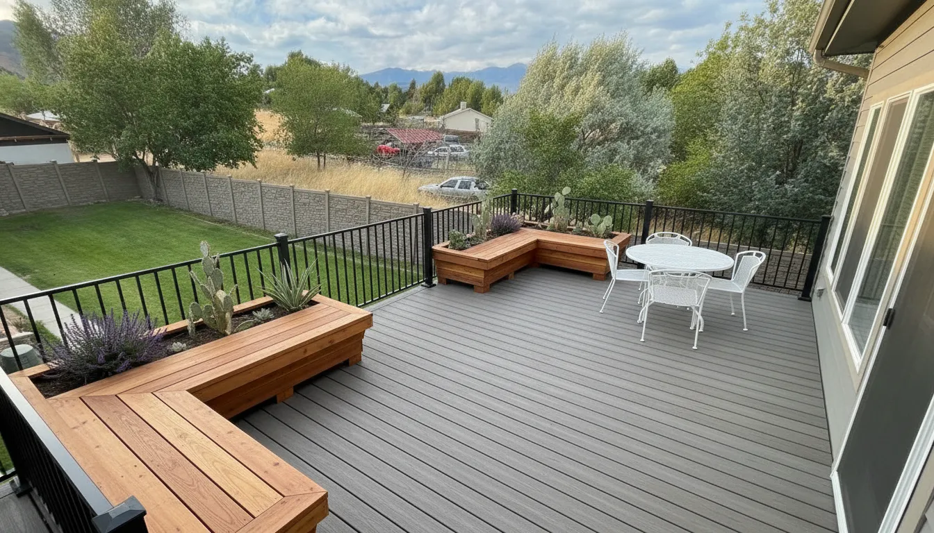 Built-in bench seating and raised planters on a Utah composite deck