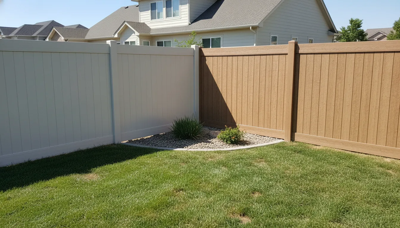 Vinyl and composite fence sections meeting in a Utah backyard