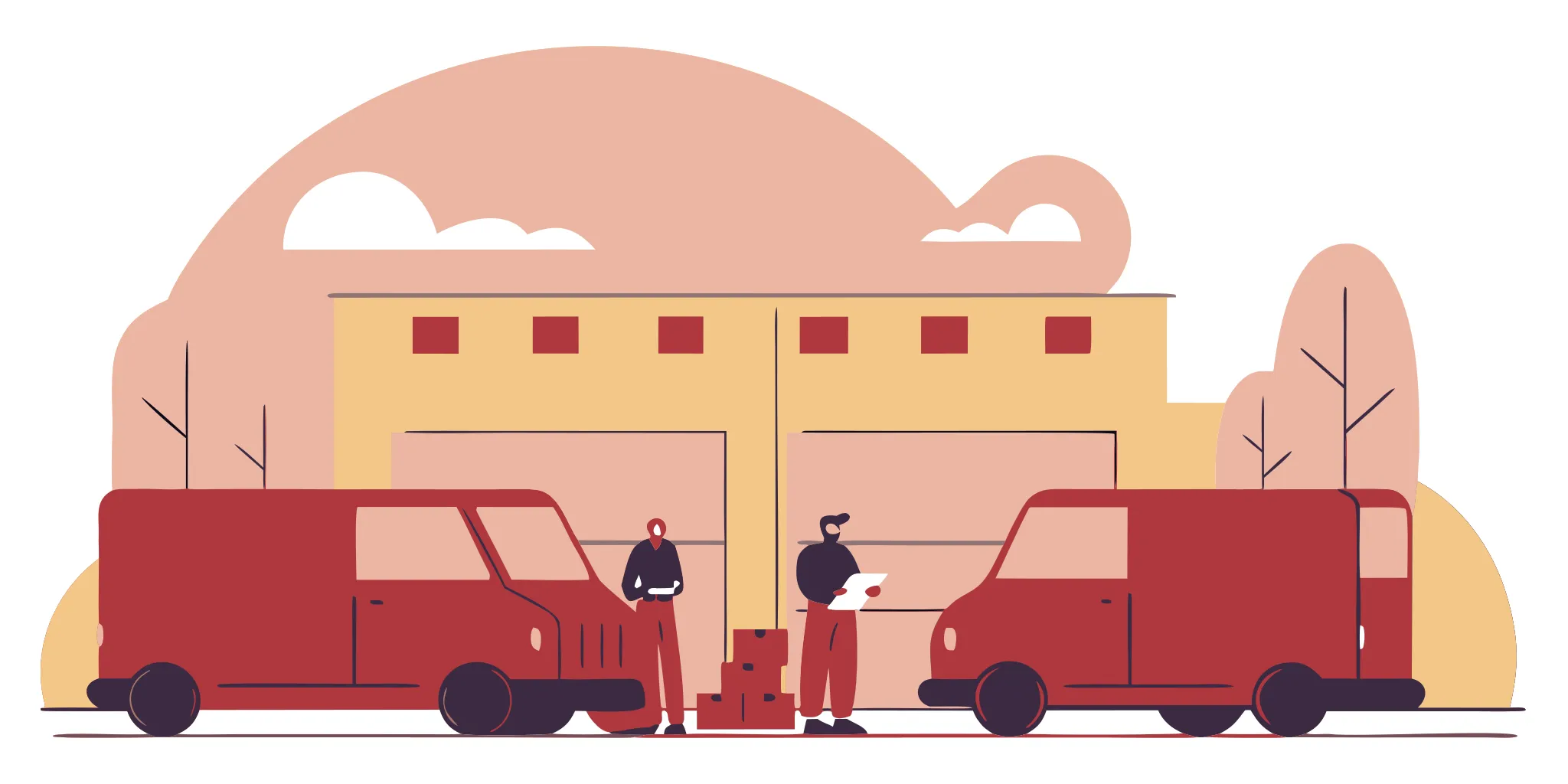 Amazon delivery vans parked at a warehouse with a fleet manager reviewing operations