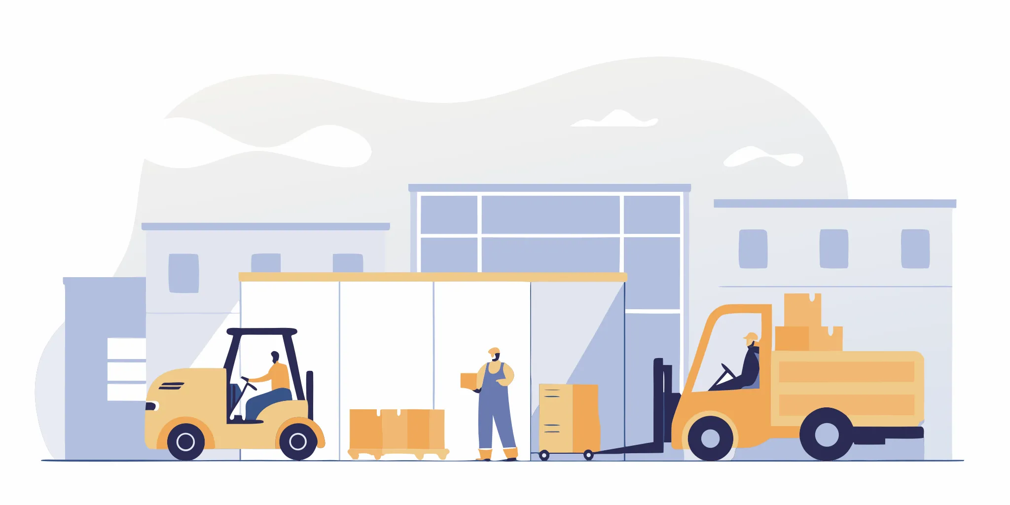 Construction equipment rental yard with delivery trucks and a mechanic servicing rental machinery in Indiana