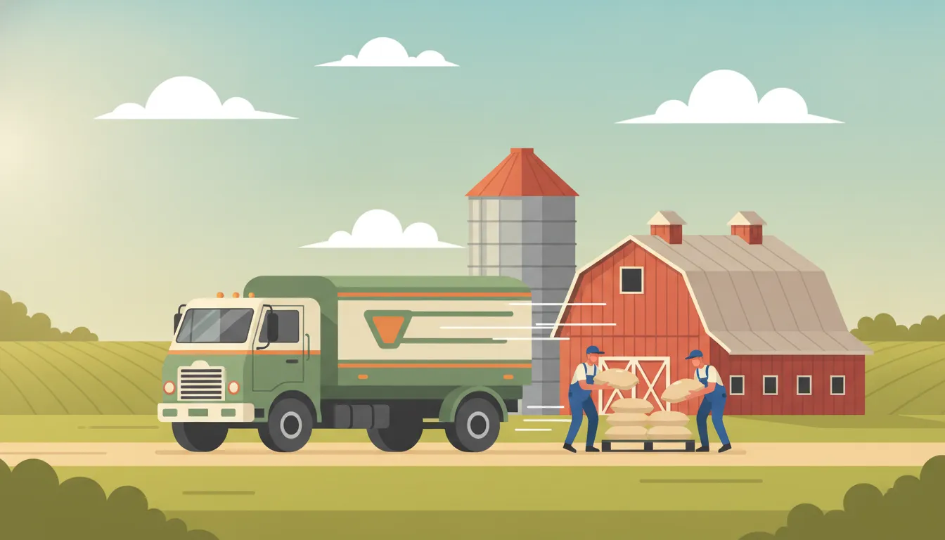 Flat illustration of a feed delivery truck at an Indiana farm with a grain silo and barn