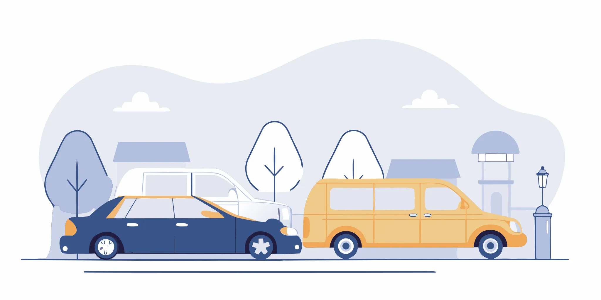 Editorial vector illustration of a funeral service sedan and livery vehicles near a distant fuel station