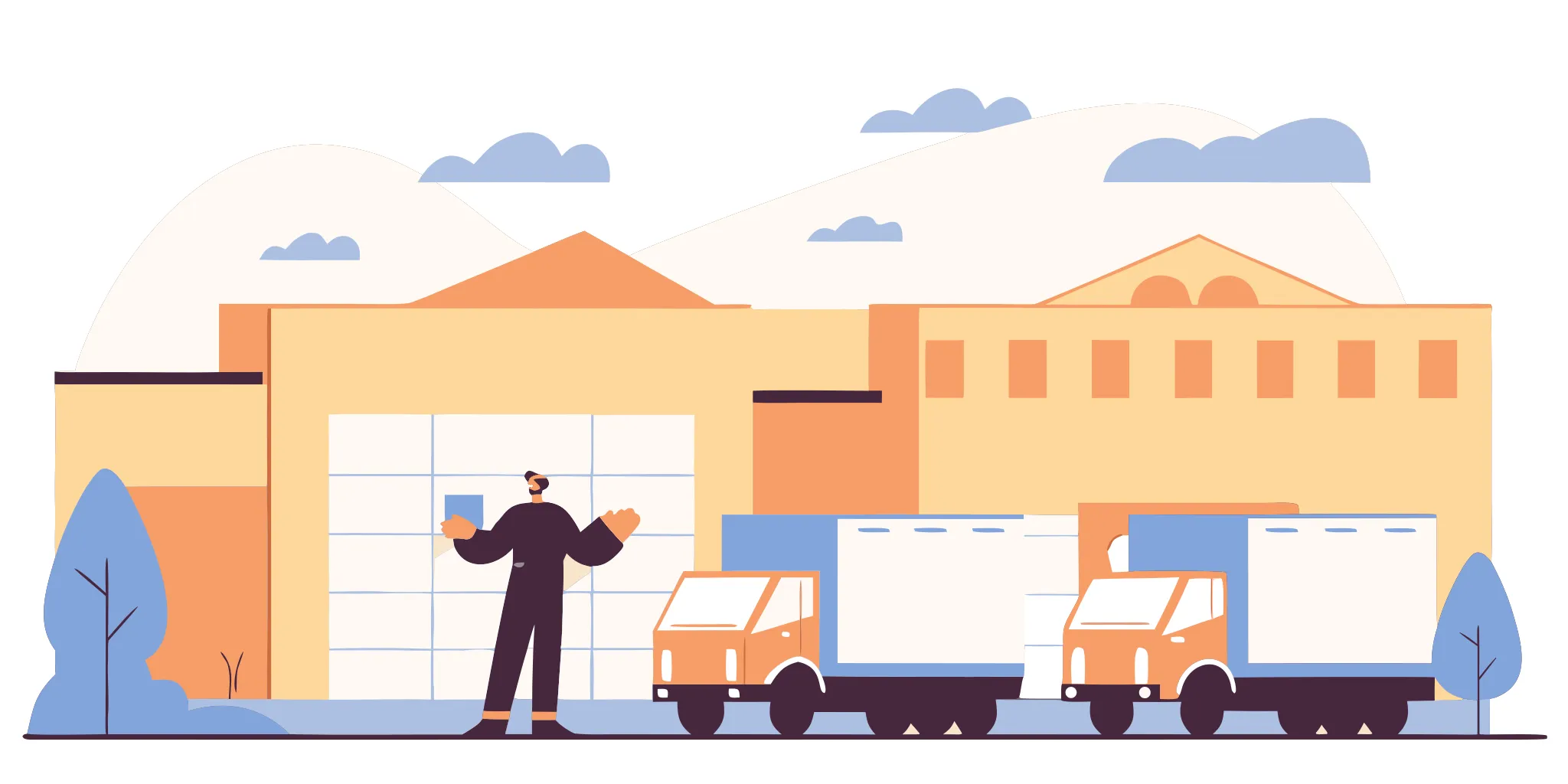 Delivery trucks and support vans at an Indiana manufacturing facility