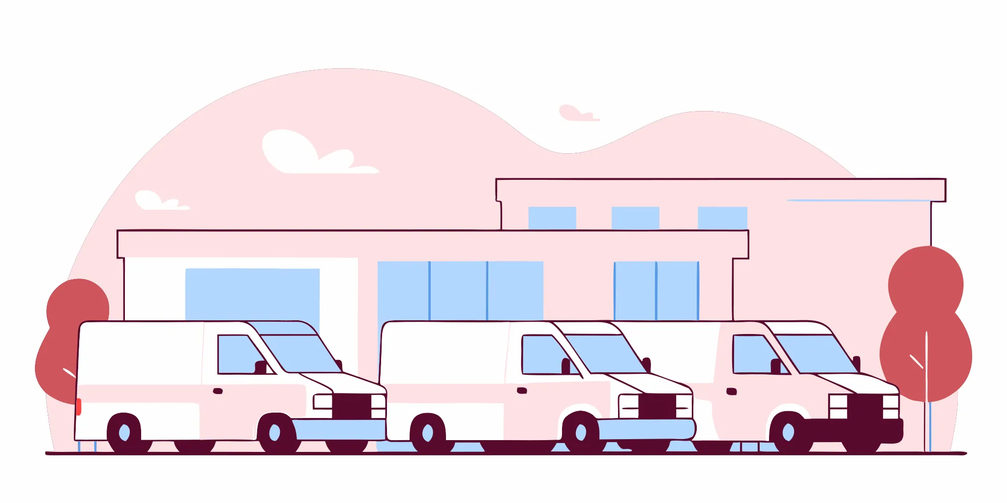 Fleet of white HVAC and plumbing service vans parked outside an Indiana warehouse