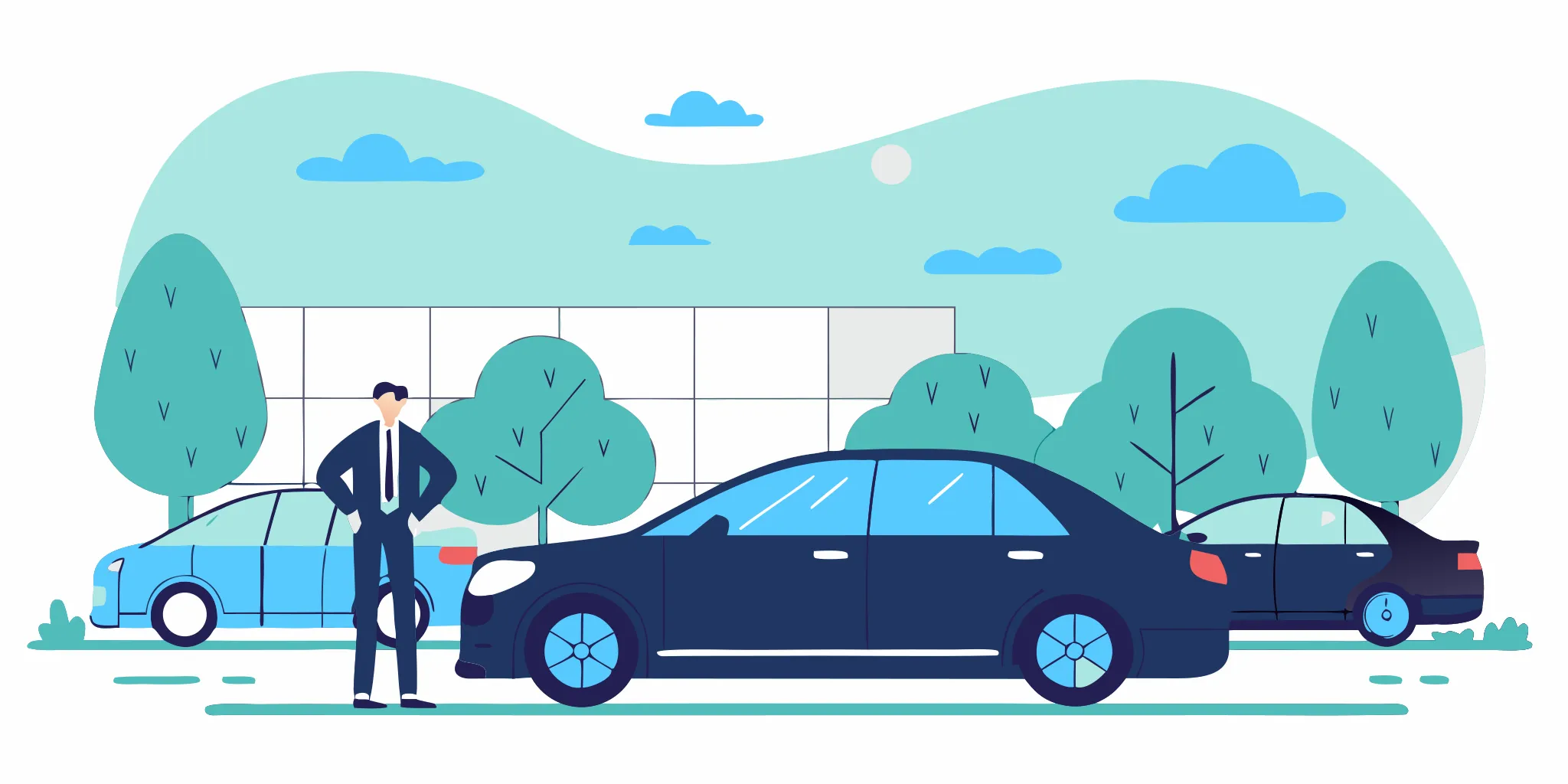Professional chauffeur standing beside a black sedan outside an Indiana business center
