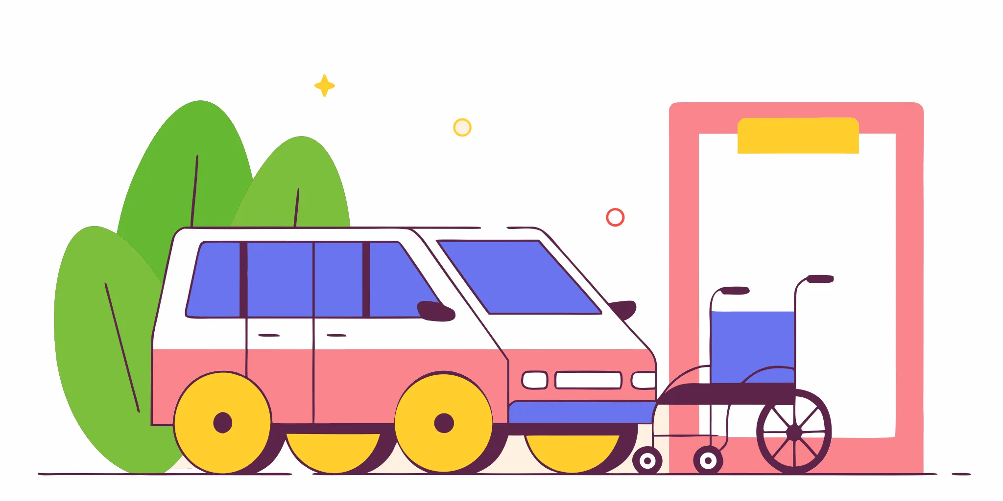 Flat vector illustration of a wheelchair-accessible NEMT medical transport vehicle at an Indiana gas station, with tax document themes in blue and white corporate style