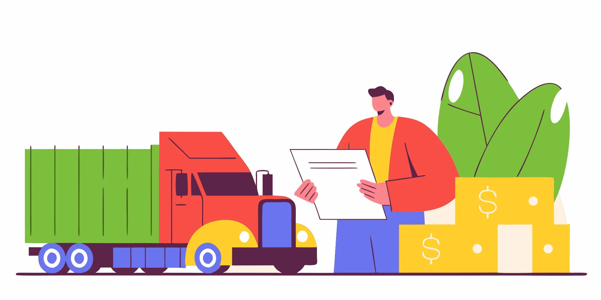 Flat vector illustration of an owner-operator truck driver reviewing fuel receipts and paperwork next to a semi-truck on an Indiana highway