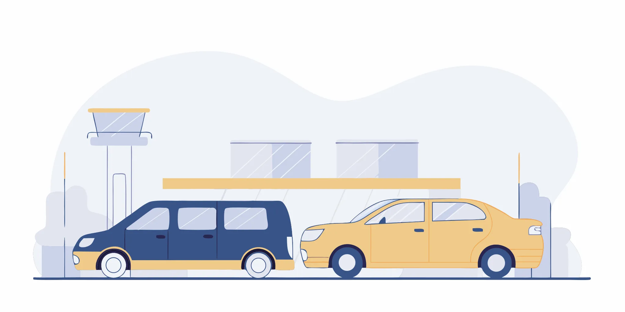 Professional black shuttle van and sedan at an Indiana airport terminal for passenger pickup
