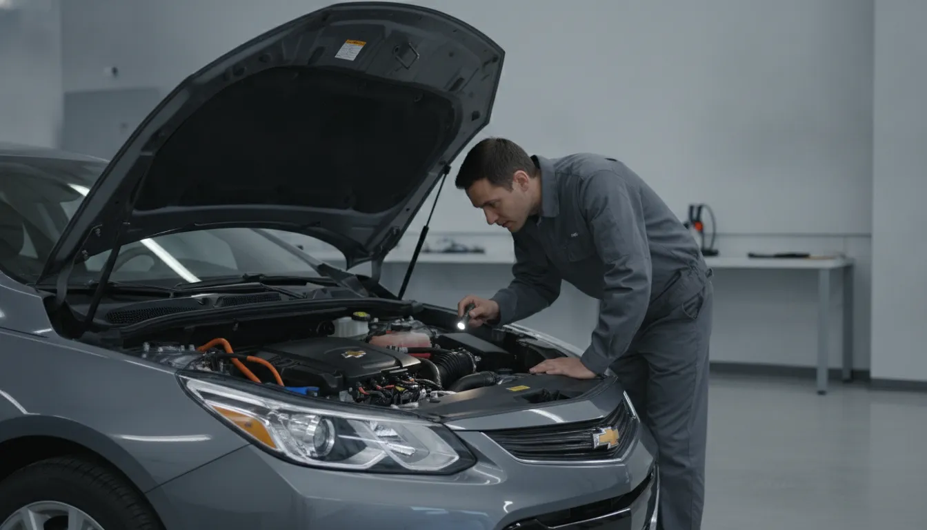 Technician inspecting a Chevrolet hybrid powertrain