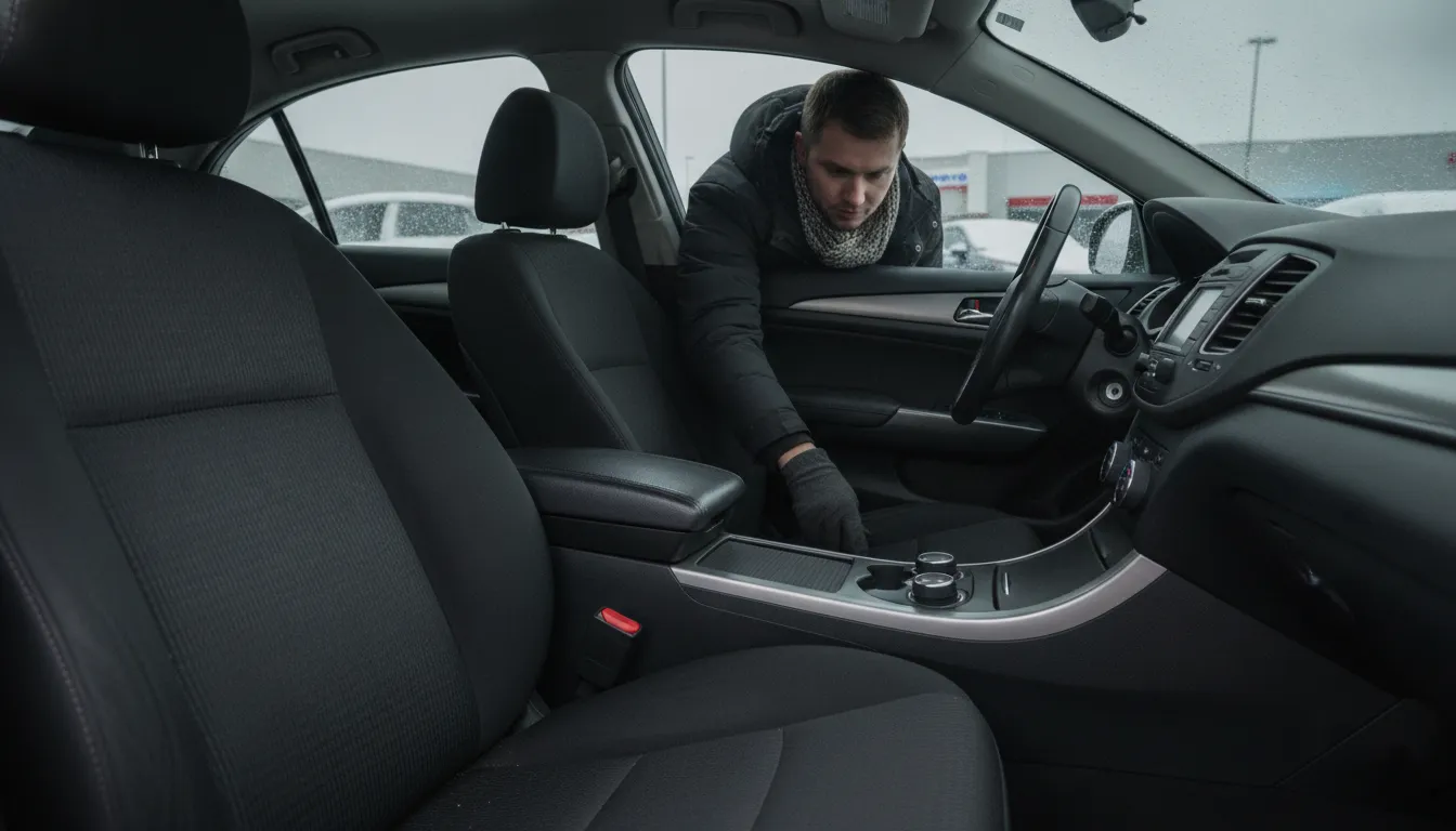 A buyer checks the heated-seat controls and warmth during a used-car test drive
