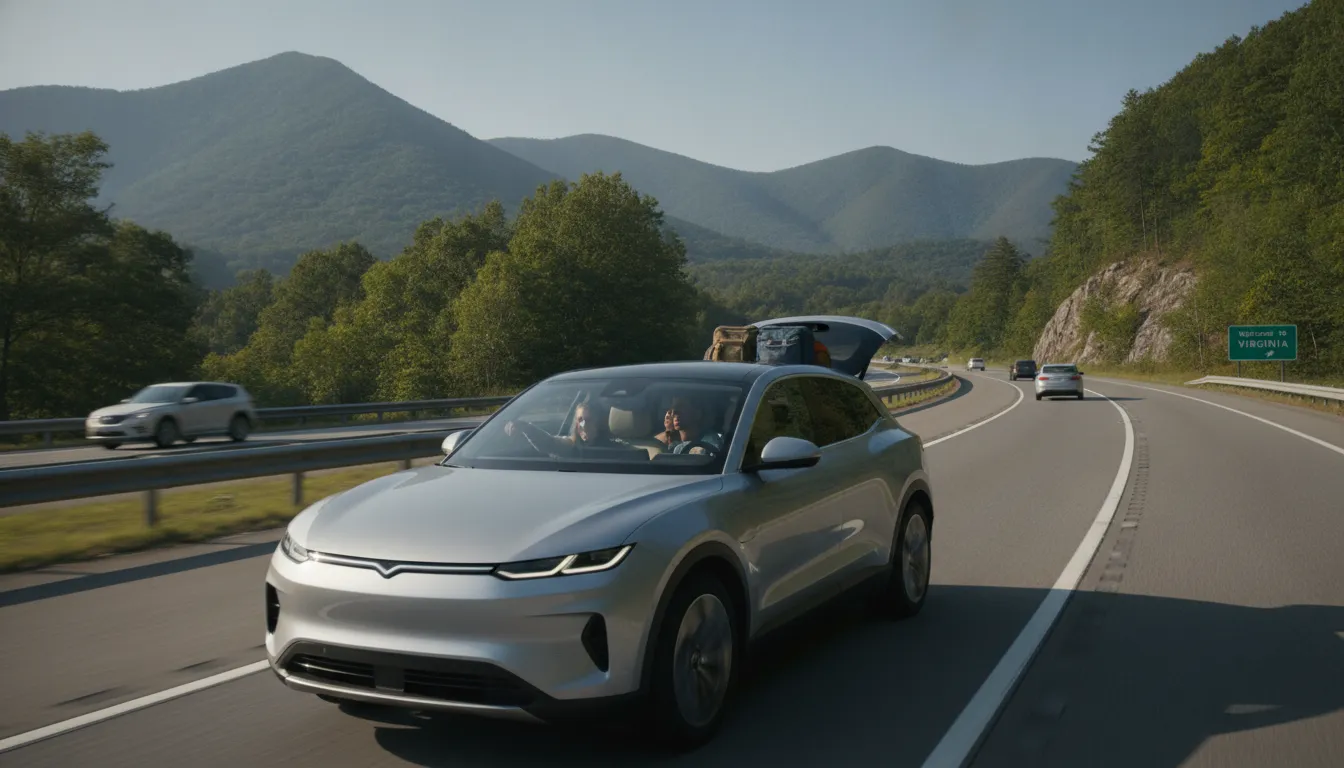 Family driving a modern SUV on a Virginia highway with rolling hills and mountains visible in the distance