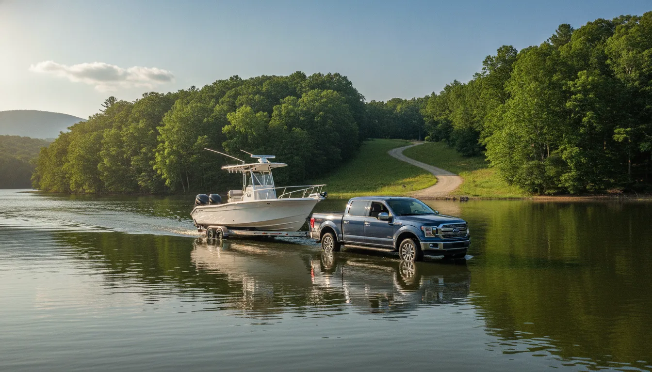 A pickup truck confidently towing a boat on a calm lake in Virginia, demonstrating its towing capability on a sunny day