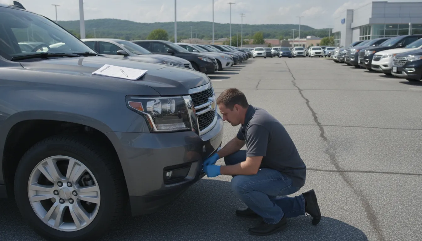 Buyer inspecting a used SUV on an Auto Fanatics dealership lot