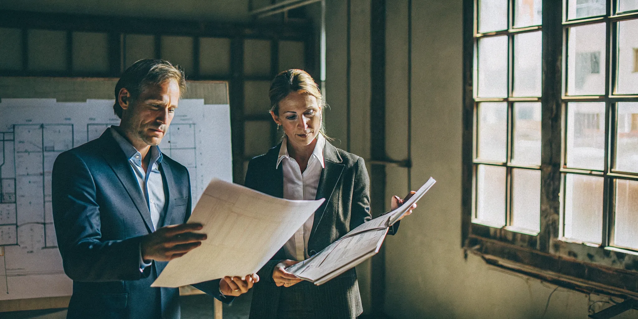 Environmental consultant and commercial lender reviewing site assessment documents at a property inspection