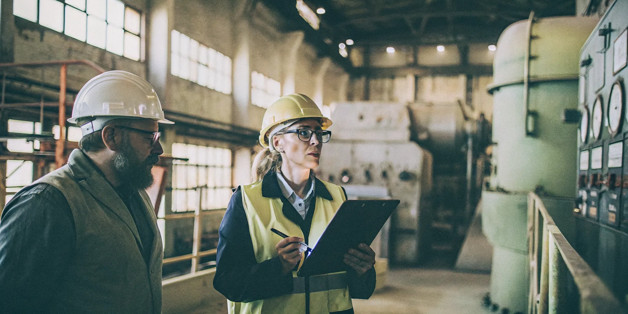 Environmental compliance inspector reviewing emissions equipment at a manufacturing plant