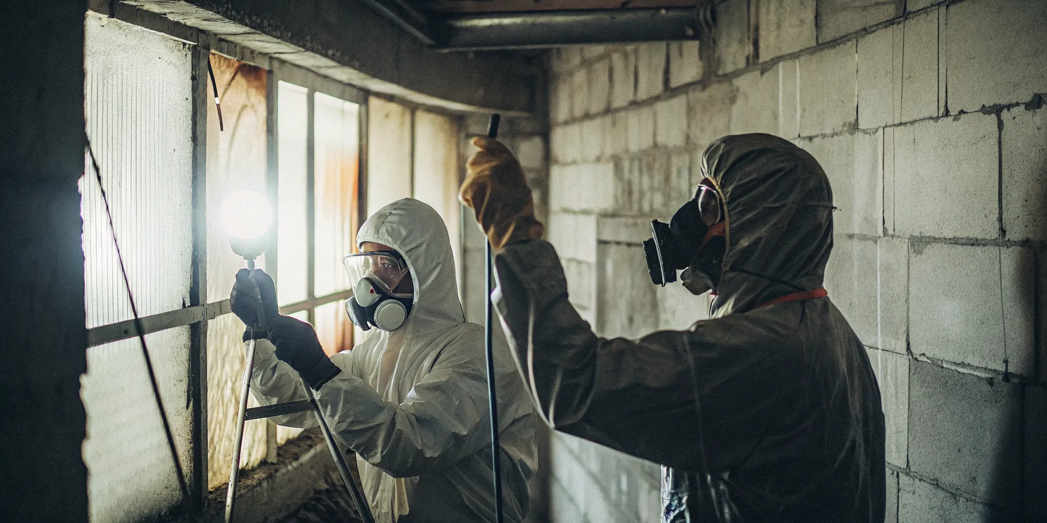 Environmental professional collecting asbestos sample from pipe insulation during a commercial building survey