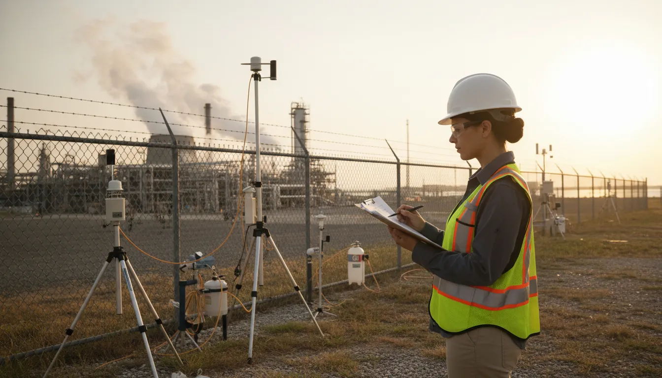 Consultant reviewing air monitoring services documentation near an industrial site