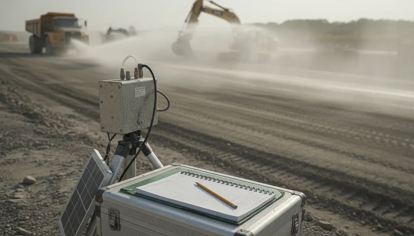 Portable air monitoring services equipment documenting dust conditions at a construction site