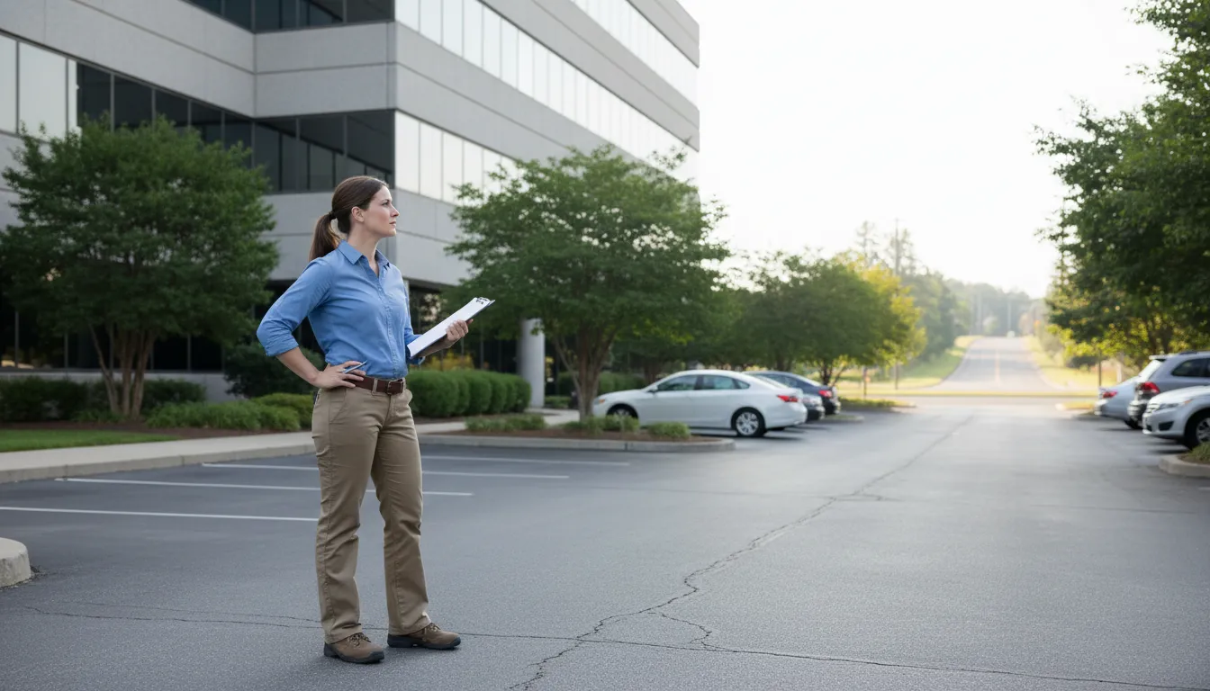 Environmental professional conducting Phase I ESA reconnaissance at a commercial property