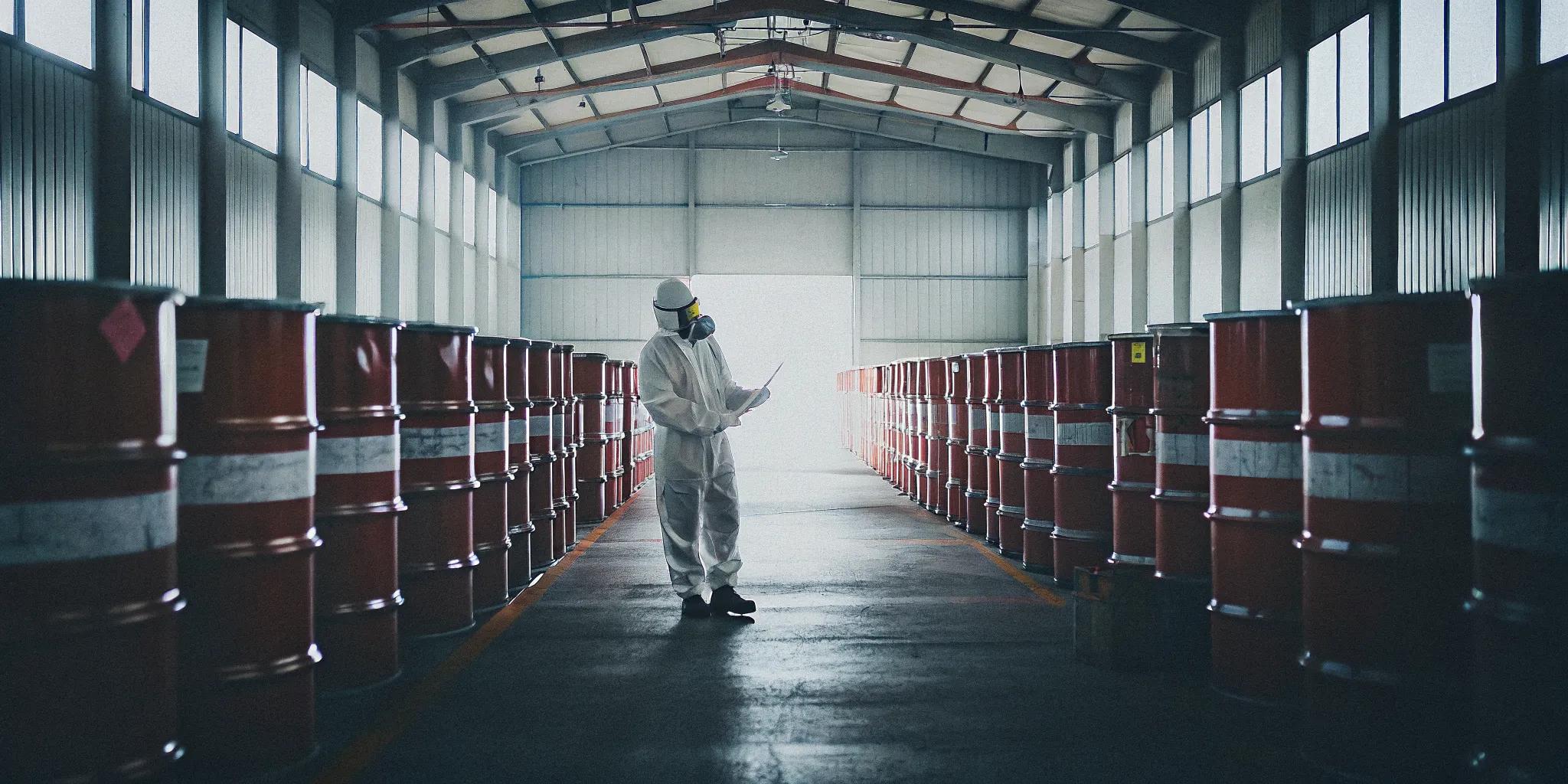 Environmental specialist inspecting labeled hazardous waste drums in a Texas facility
