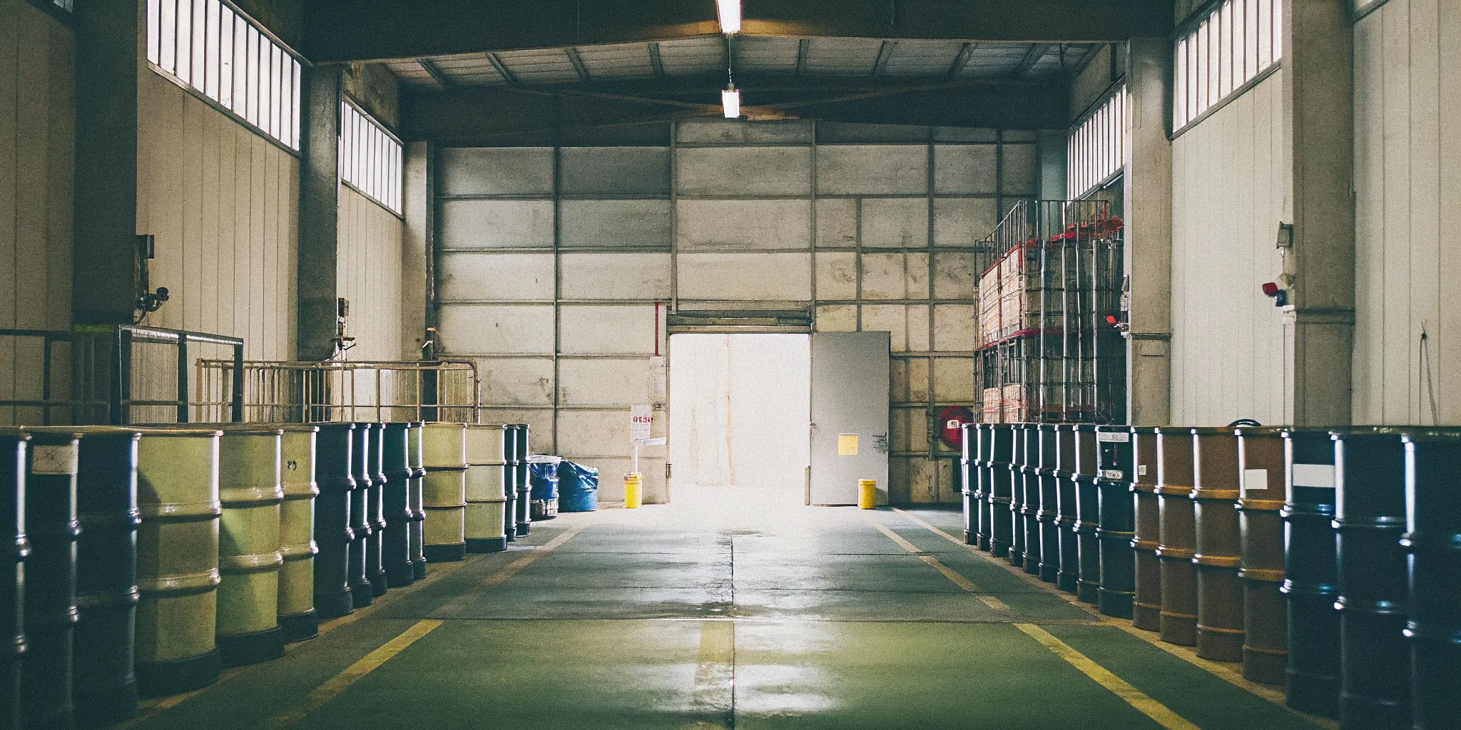 Industrial facility with properly labeled hazardous waste storage drums in a container management area