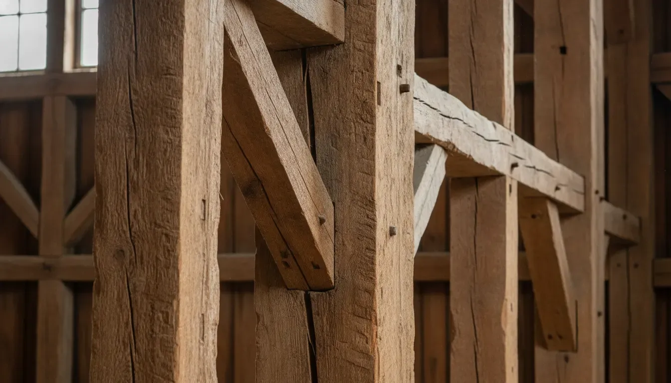 Hand-hewn timber-frame barn posts and pegged joinery in a historic Northeast barn