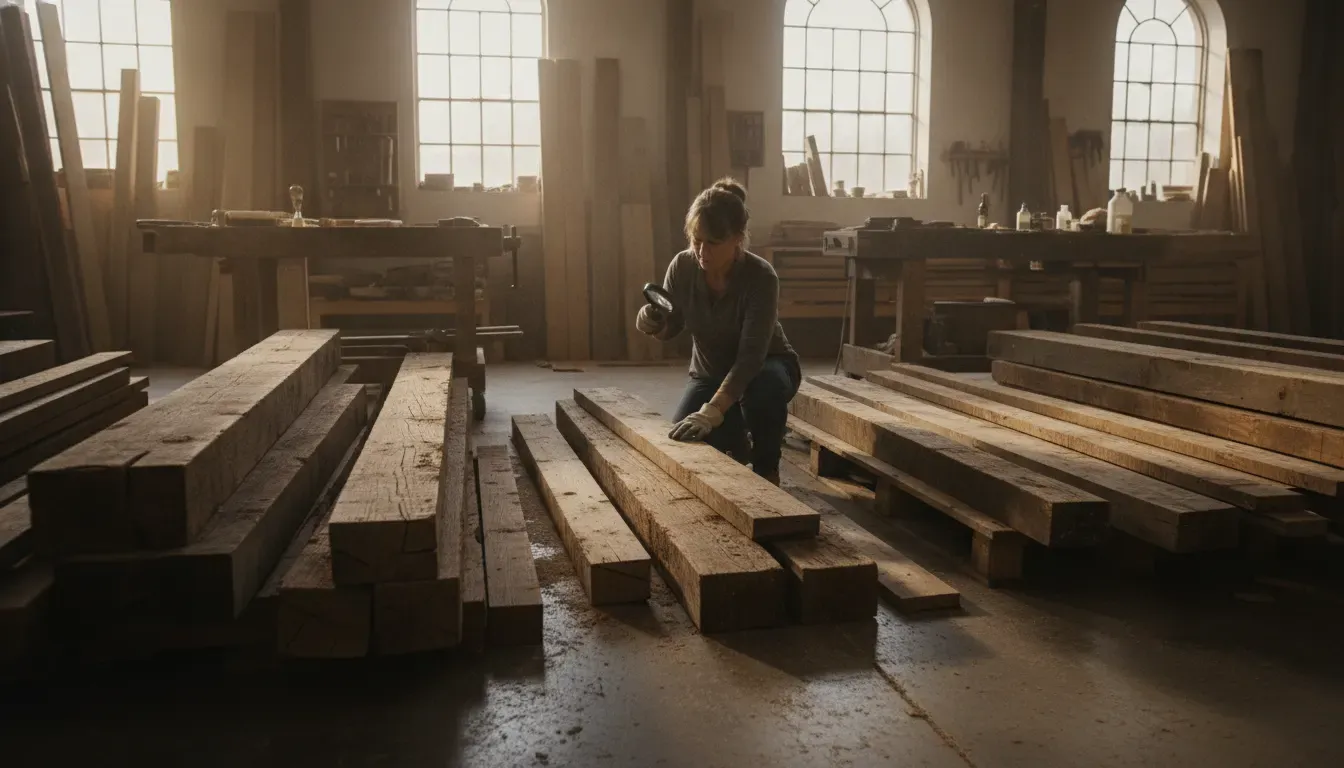 Materials specialist sorting reclaimed barn beams and boards for responsible reuse
