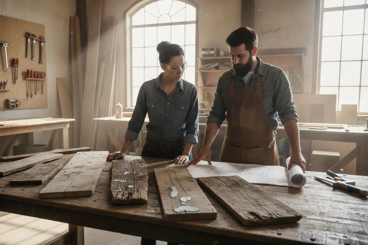Builder and architect reviewing reclaimed barn board samples and project requirements