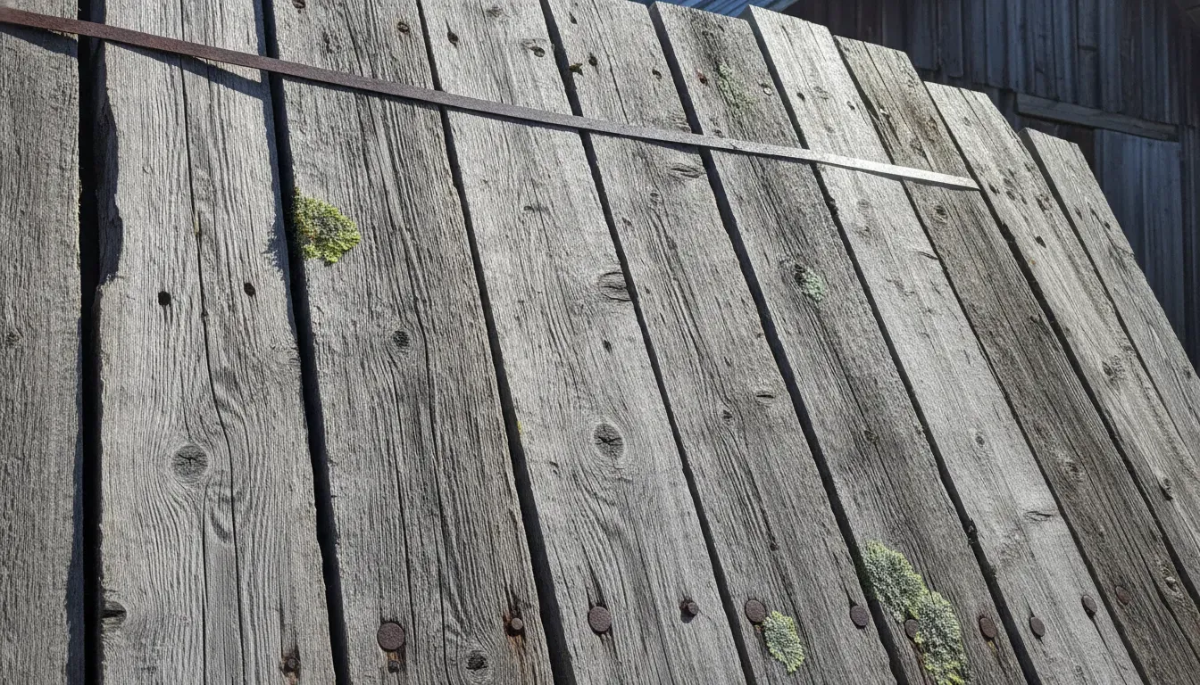 Gray corral board siding detail showing weathering, fastener holes, and moss
