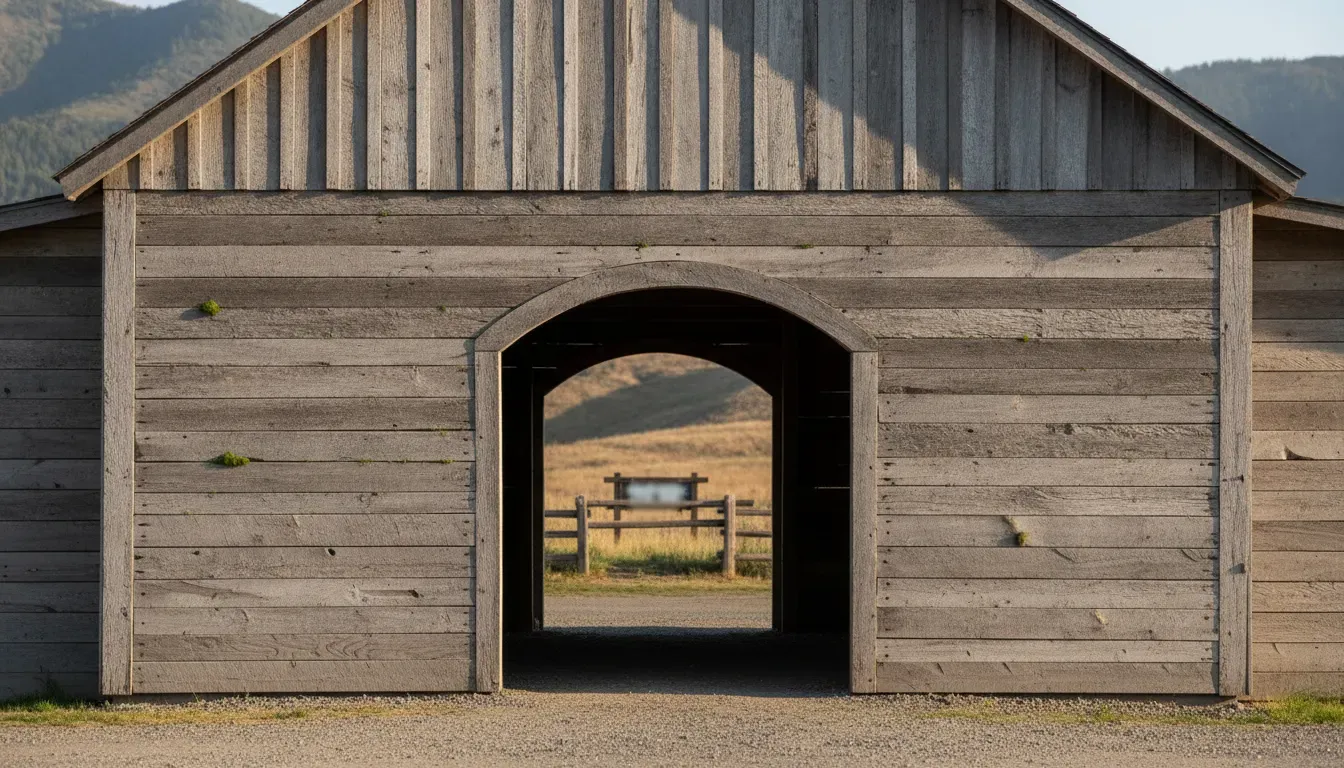 Reclaimed corral board siding across an agricultural building exterior