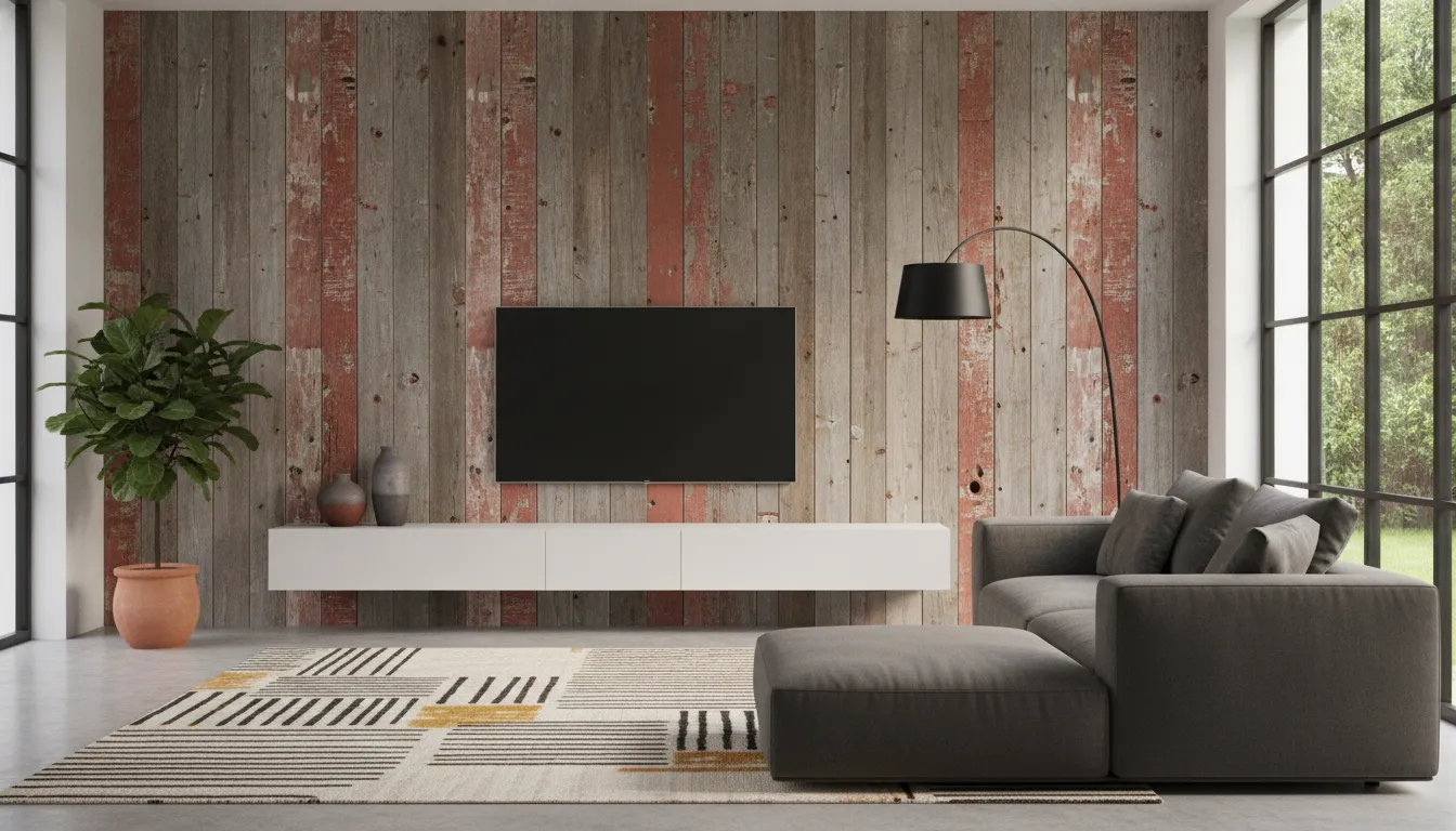 Reclaimed barn wood accent wall with red and gray weathered planks installed in a modern living room