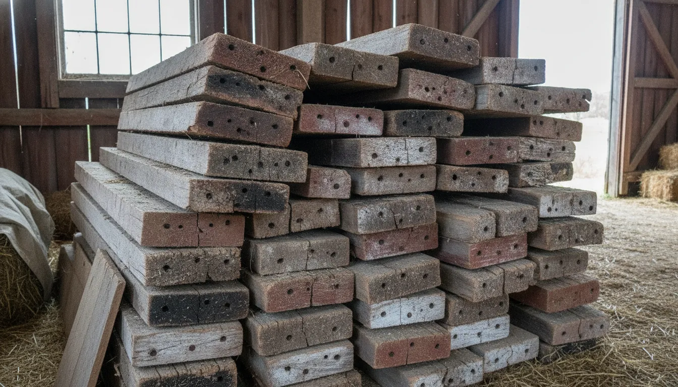 Stack of weathered reclaimed barn boards with visible nail holes and silver-gray patina in a rustic barn setting