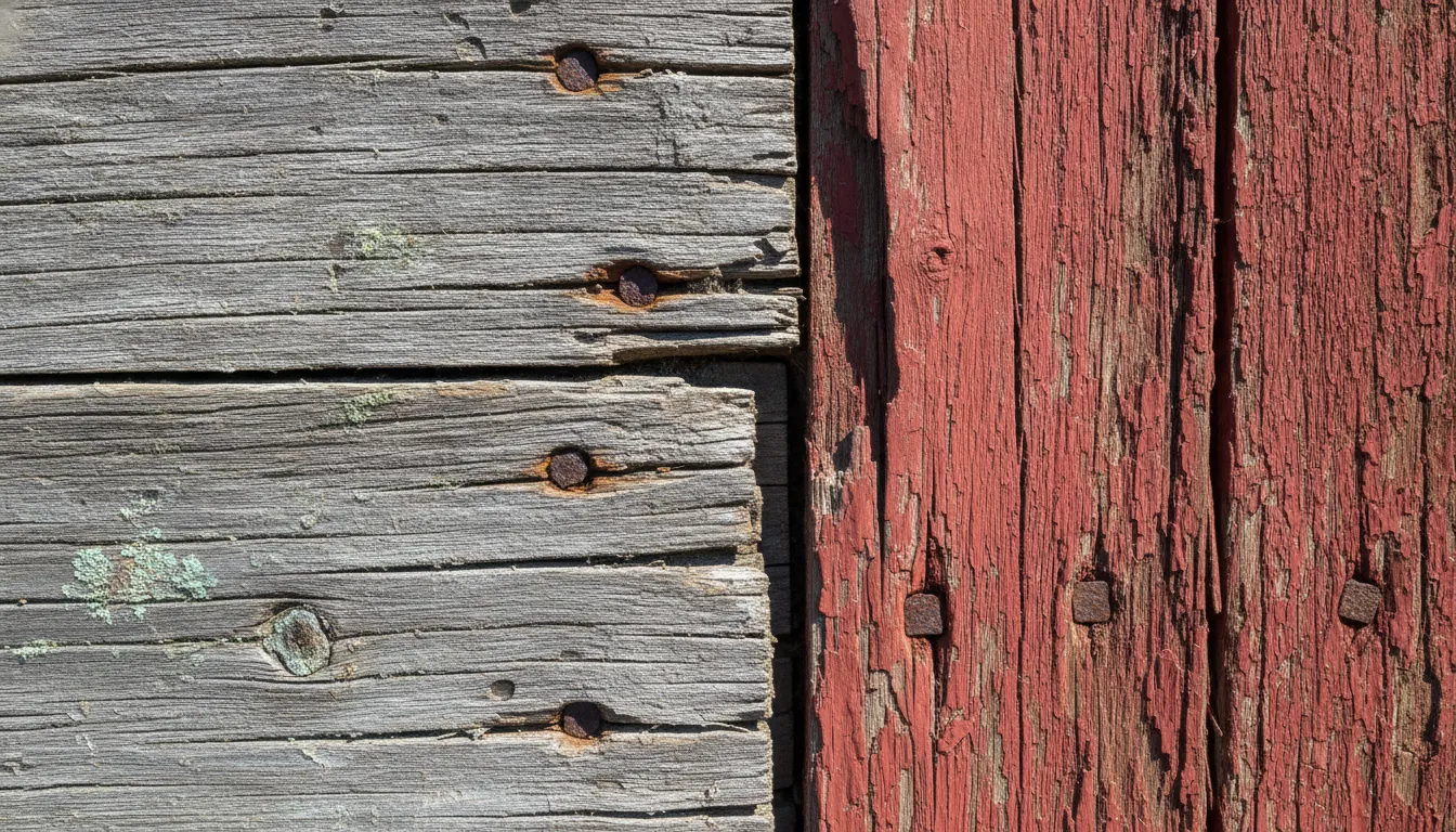 Close up texture of reclaimed gray corral board and red barn board showing nail holes and saw marks