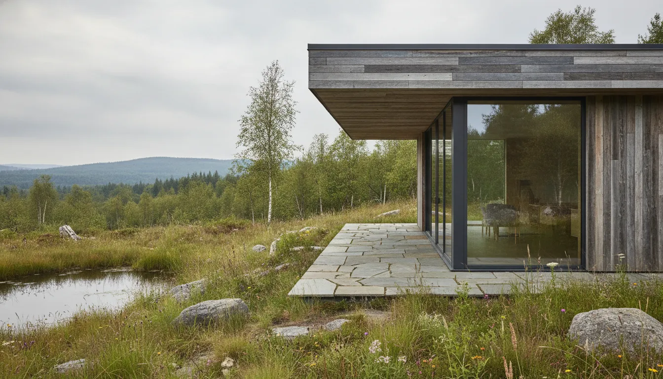 Modern home exterior featuring reclaimed wood siding and large windows in a natural landscape setting