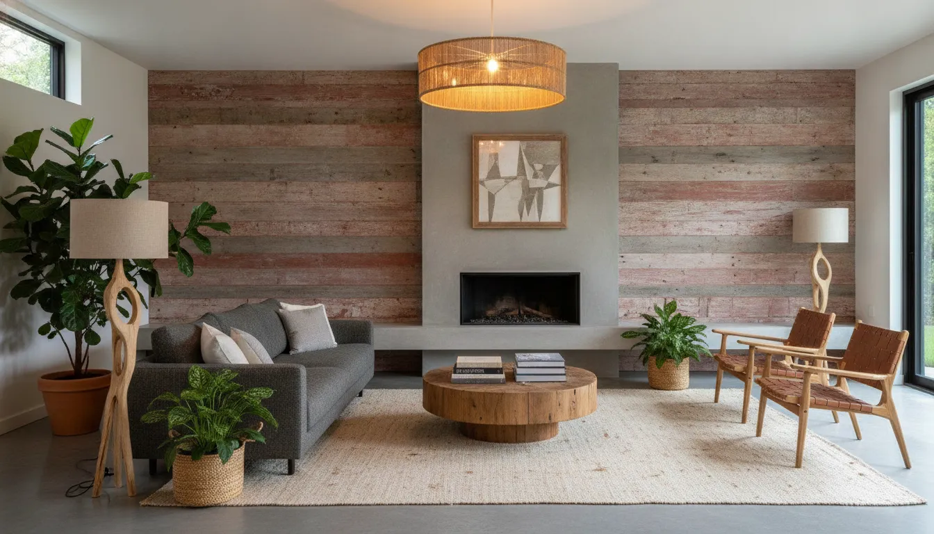 Modern interior with faded red reclaimed barn board accent wall, warm lighting, and contemporary furniture