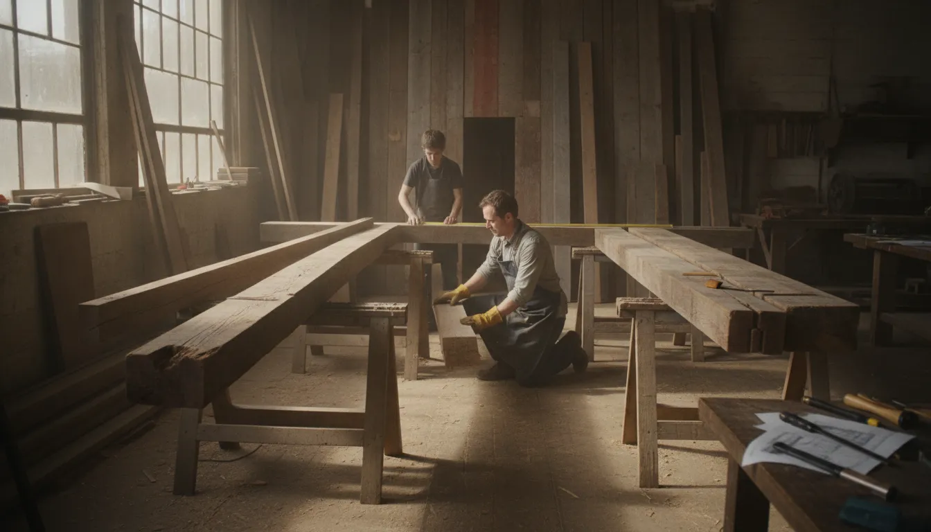 Reclaimed timber beams selected for an architectural project