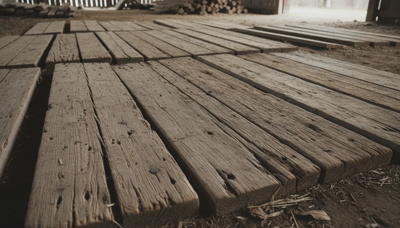 Weathered reclaimed barn and livestock fence boards sorted for a project