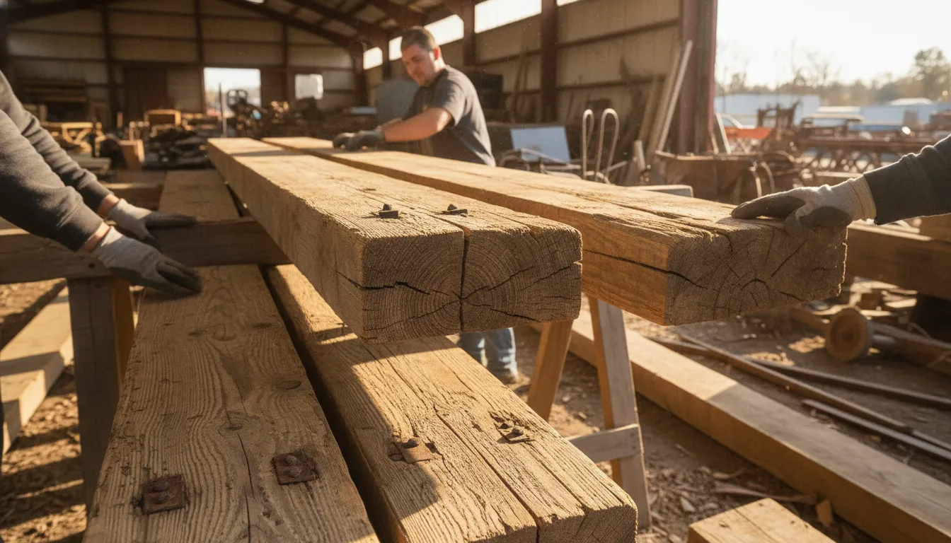 Weathered reclaimed barn boards being sorted for a new project