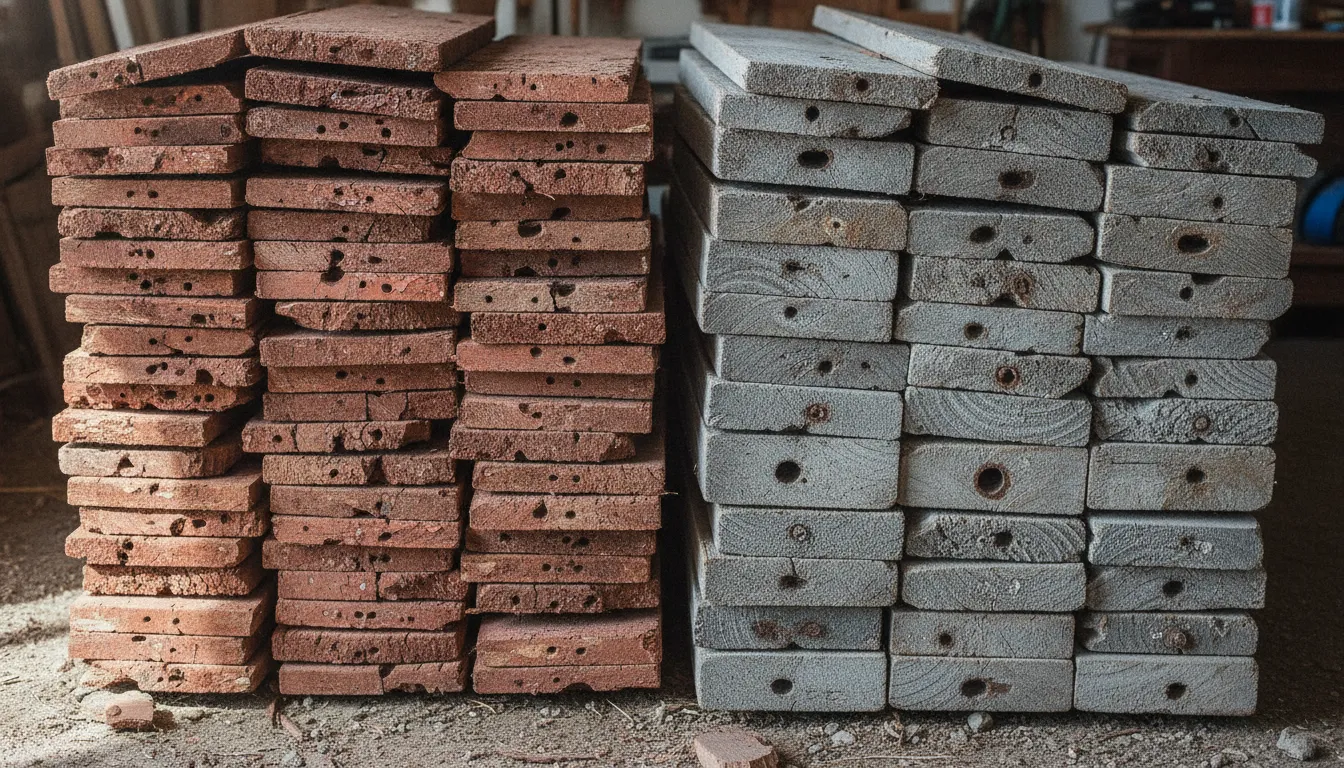 Side by side comparison of reclaimed barn board and gray corral board showing distinct textures, nail holes, and bolt holes