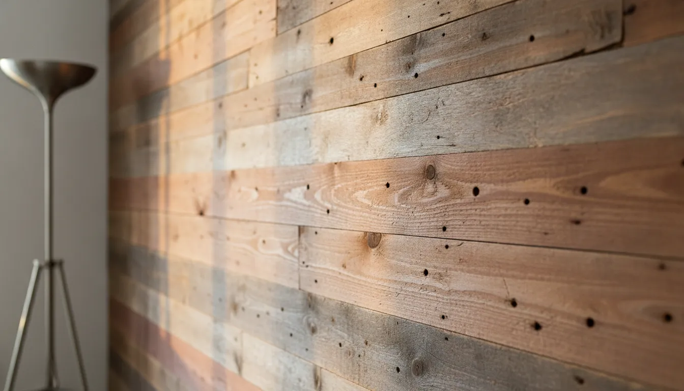 Reclaimed barn board paneling installed as an accent wall in a modern interior, showing authentic color variation and texture of salvaged lumber