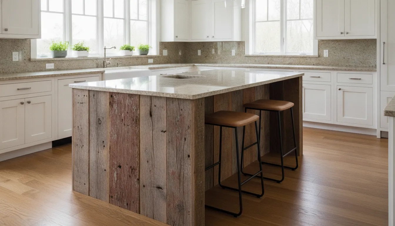 Custom kitchen island clad in weathered reclaimed barn board with mixed gray and red tones, set in a bright kitchen with natural light