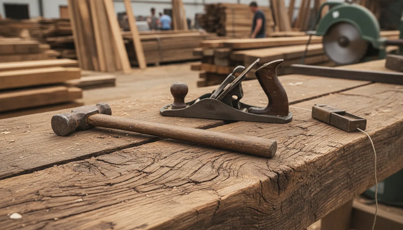 Salvaged reclaimed wood prepared for a new building project