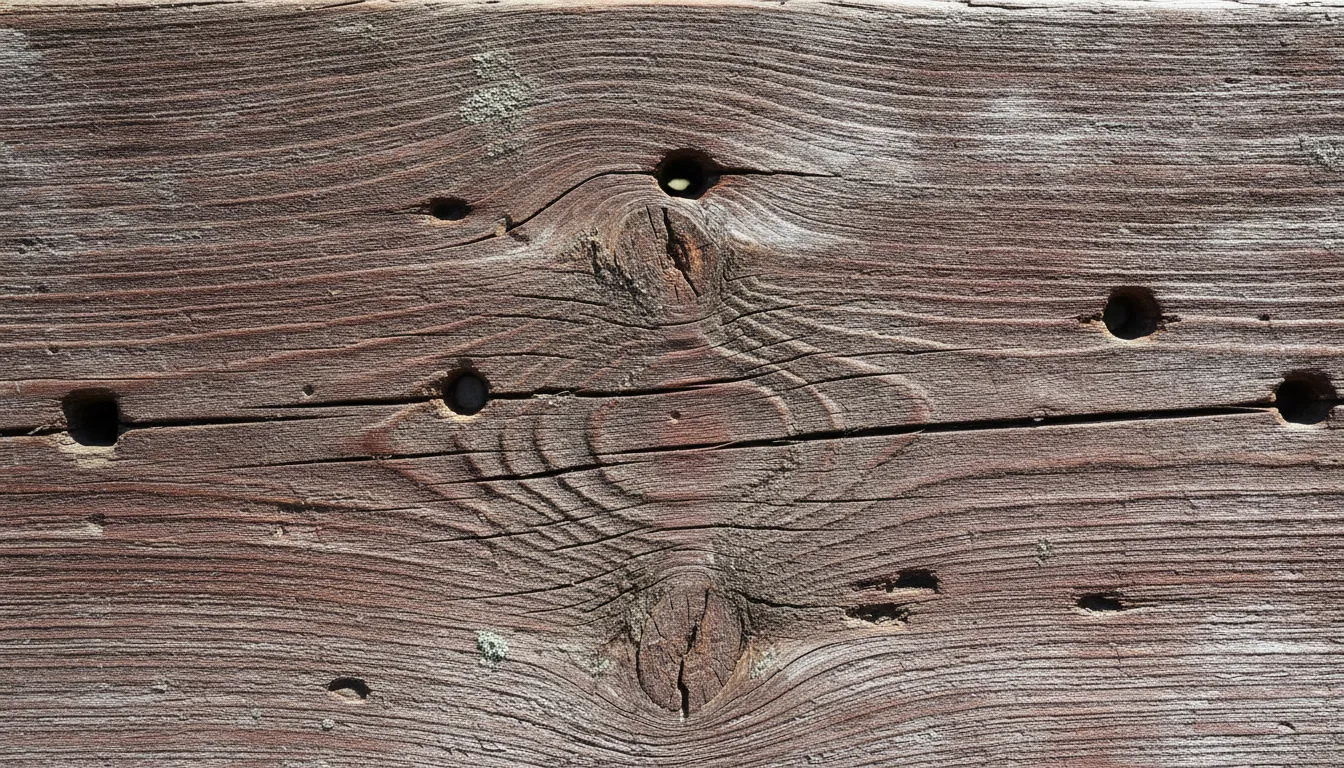 Close-up of authentic reclaimed barn board showing deep natural patina with visible nail holes, checking, and saw marks from old-growth lumber